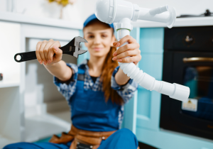 Woman in bathroom plumbing